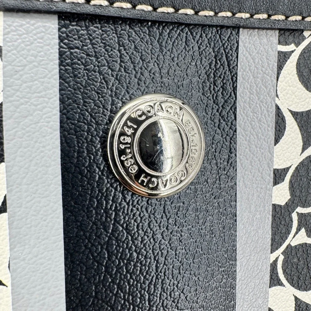 Coach Chelsea Heritage Stripe Signature Tote Black White Canvas Leather F15137